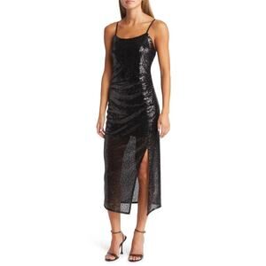 OPEN EDIT Sequin Midi Slip dress Sleeveless Scoop Neck Side Split Black Womens L